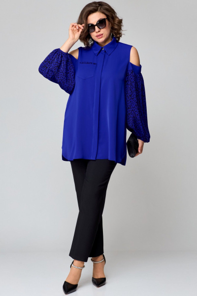 Блуза синяя женская из текстиля с принтом для офиса EVA GRANT 7245-1 электрик - фото 5