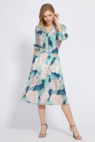 Белое и бирюзовое платье с цветочным принтом и поясом Bazalini 4898 - фото 3