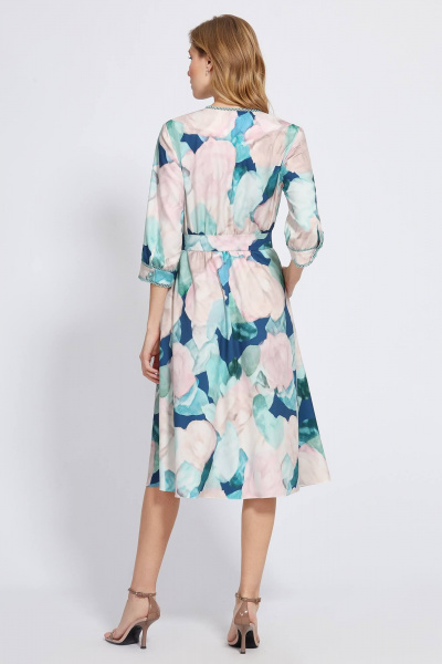 Белое и бирюзовое платье с цветочным принтом и поясом Bazalini 4898 - фото 2