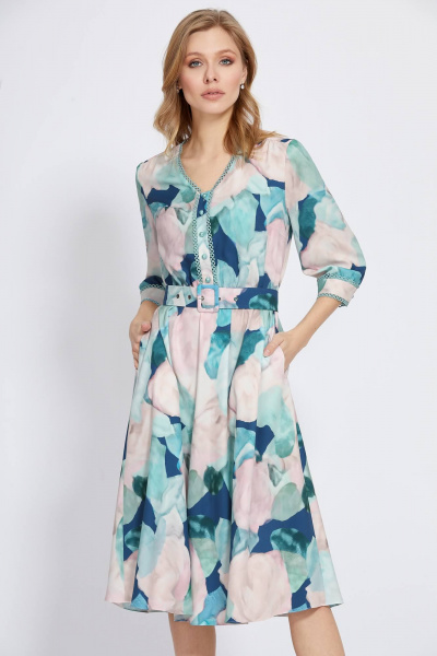 Белое и бирюзовое платье с цветочным принтом и поясом Bazalini 4898 - фото 1