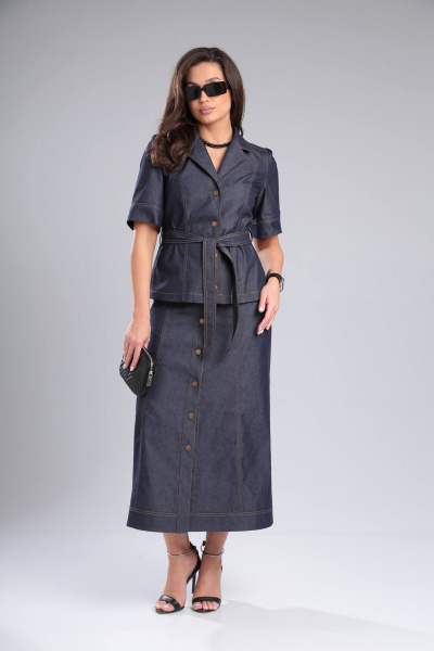 Летний джинсовый костюм 2-ка с поясом и коротким рукавом DOGGI 1638 синий - фото 8