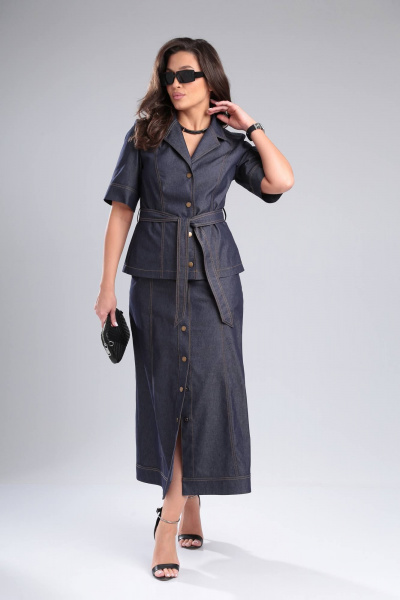 Летний джинсовый костюм 2-ка с поясом и коротким рукавом DOGGI 1638 синий - фото 7