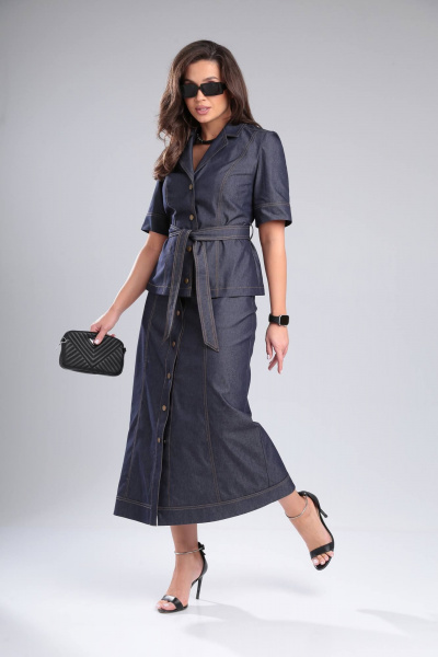 Летний джинсовый костюм 2-ка с поясом и коротким рукавом DOGGI 1638 синий - фото 6