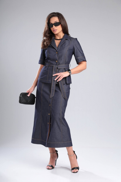 Летний джинсовый костюм 2-ка с поясом и коротким рукавом DOGGI 1638 синий - фото 5