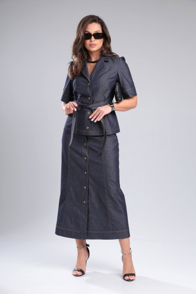 Летний джинсовый костюм 2-ка с поясом и коротким рукавом DOGGI 1638 синий - фото 1