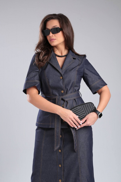 Летний джинсовый костюм 2-ка с поясом и коротким рукавом DOGGI 1638 синий - фото 3