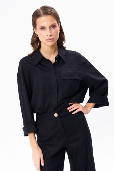 Льняной костюм из рубашки и брюк с разрезами KaVaRi 8023 черный - фото 16