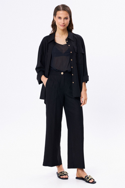 Льняной костюм из рубашки и брюк с разрезами KaVaRi 8023 черный - фото 1