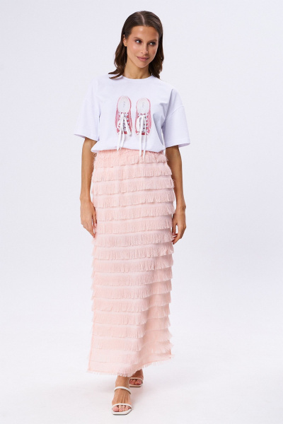 Юбка-макси и футболка с принтом на резинке KaVaRi 8030 белый-персик - фото 5