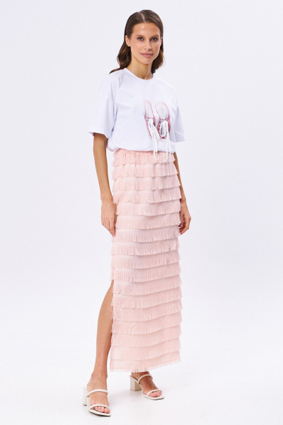 Юбка-макси и футболка с принтом на резинке KaVaRi 8030 белый-персик - фото 1