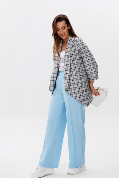 Брюки, жакет, топ NikVa 502-1 клетка+молоко+голобой - фото 3