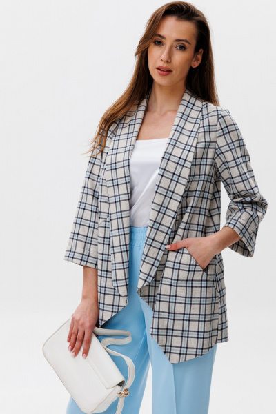 Брюки, жакет, топ NikVa 502-1 клетка+молоко+голобой - фото 2