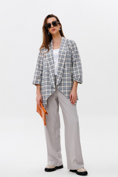 Брюки, жакет, топ NikVa 502-2 клетка+молоко+дымка - фото 1