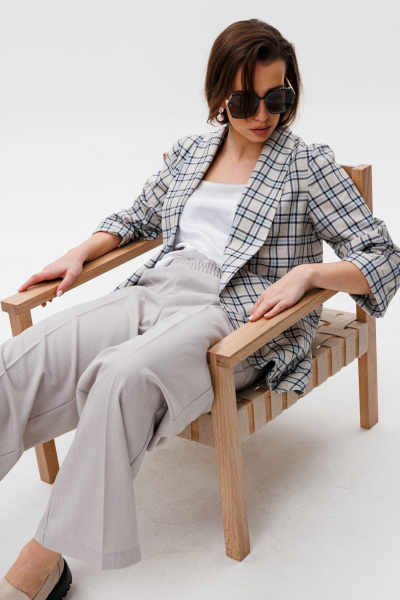 Брюки, жакет, топ NikVa 502-2 клетка+молоко+дымка - фото 5