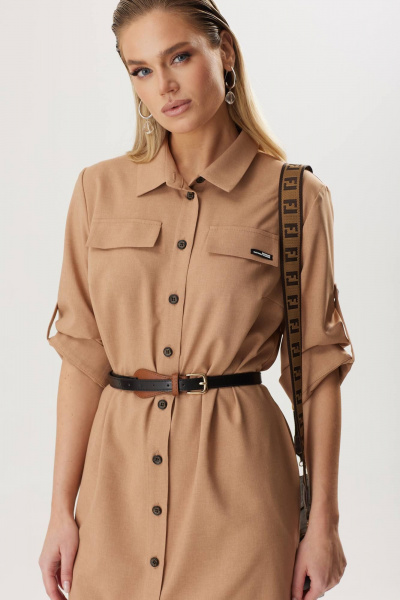 Платье-рубашка приталенное с поясом для делового образа Твой имидж 1791 кэмел - фото 6