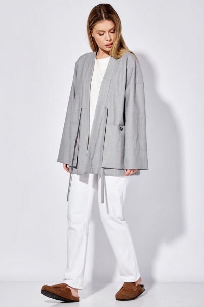 Длинный удлиненный жакет из меланжевой ткани с петлями и карманами Nova Line 10488 серый - фото 13
