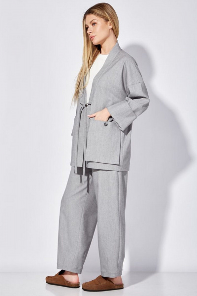 Длинный удлиненный жакет из меланжевой ткани с петлями и карманами Nova Line 10488 серый - фото 6