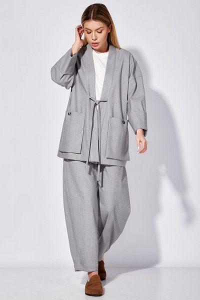 Длинный удлиненный жакет из меланжевой ткани с петлями и карманами Nova Line 10488 серый - фото 3