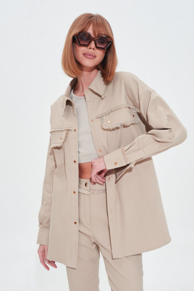 Бежевый джинсовый костюм из эластичного хлопка с бахромой Mixan 4045 - фото 6