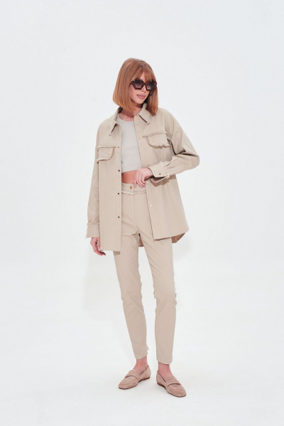 Бежевый джинсовый костюм из эластичного хлопка с бахромой Mixan 4045 - фото 1