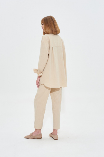 Бежевый костюм-двойка из льняной ткани с резинкой и карманами Mixan 4047 - фото 7