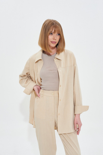 Бежевый костюм-двойка из льняной ткани с резинкой и карманами Mixan 4047 - фото 5
