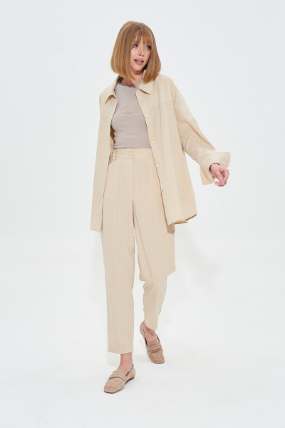 Бежевый костюм-двойка из льняной ткани с резинкой и карманами Mixan 4047 - фото 2