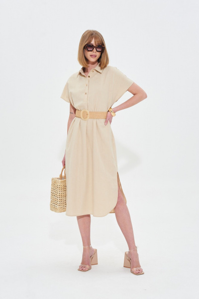 Платье из льняной ткани с поясом и Crush-эффектом Mixan 5072 - фото 1