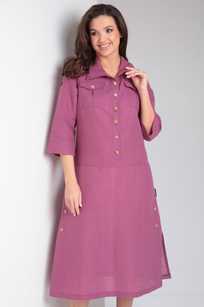 Льняное платье в стиле сафари с карманами и разрезом Celentano lite 5025.2 малиновый - фото 12