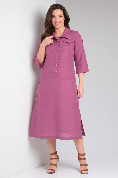 Льняное платье в стиле сафари с карманами и разрезом Celentano lite 5025.2 малиновый - фото 8