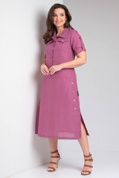 Льняное платье в стиле сафари с карманами и разрезом Celentano lite 5025.2 малиновый - фото 4