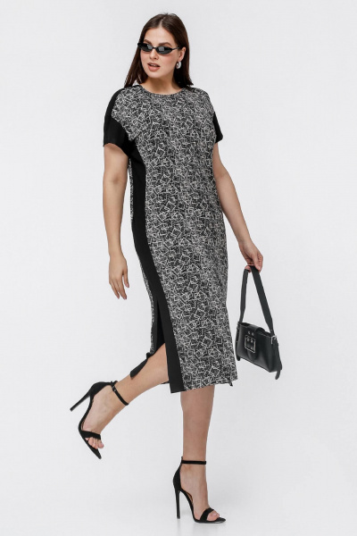 Платье трапециевидного силуэта с разрезами и коротким рукавом La rouge 5440 черный-набивной - фото 2