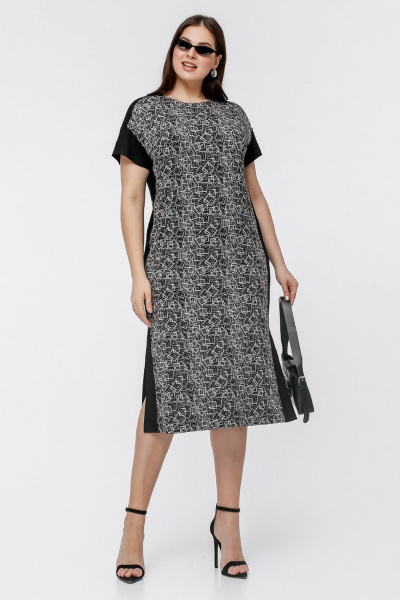 Платье трапециевидного силуэта с разрезами и коротким рукавом La rouge 5440 черный-набивной - фото 1