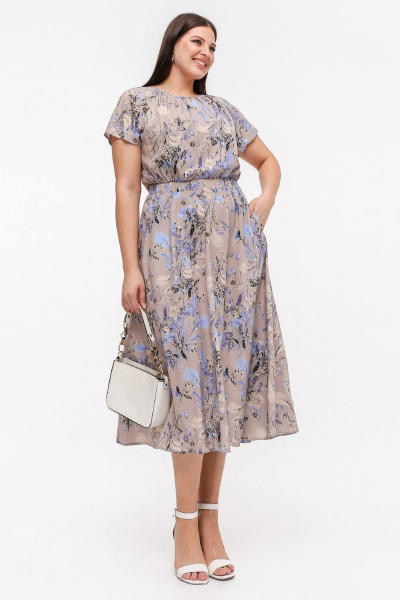 Платье с трапециевидной юбкой и сборкой из шифона и текстиля La rouge 5452 латте-(цветы) - фото 2