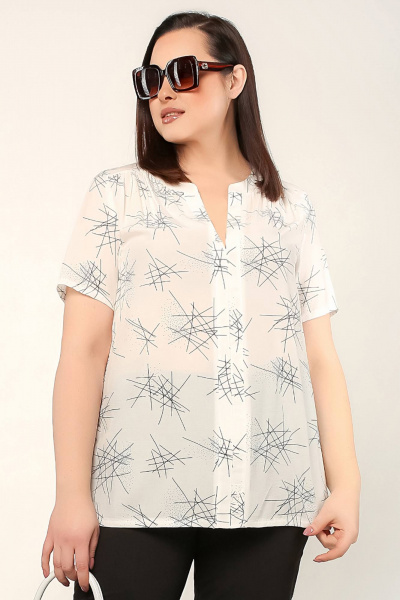 Блуза прямого силуэта с коротким рукавом и V-вырезом La rouge 6290 белый-набивной - фото 1