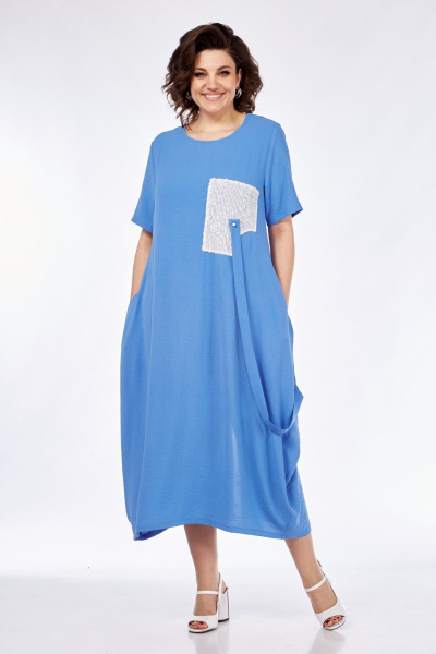 Платье летнее приталенное с разрезом на спине и нагрудными карманами Диомант 1960 голубой - фото 1