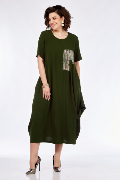 Легкое летнее платье с разрезом и накладными карманами Диомант 1960 хаки - фото 4