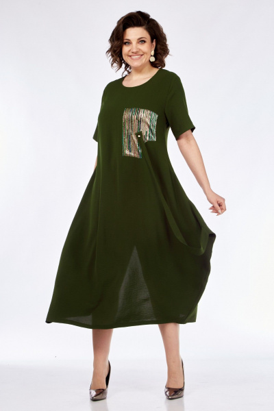 Легкое летнее платье с разрезом и накладными карманами Диомант 1960 хаки - фото 3