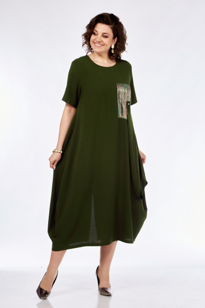 Легкое летнее платье с разрезом и накладными карманами Диомант 1960 хаки - фото 2