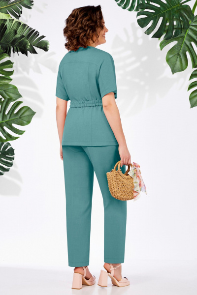 Леновый костюм 2-ка: зауженные брюки и жакет с рельефами БагираАнТа 940 бирюза - фото 3