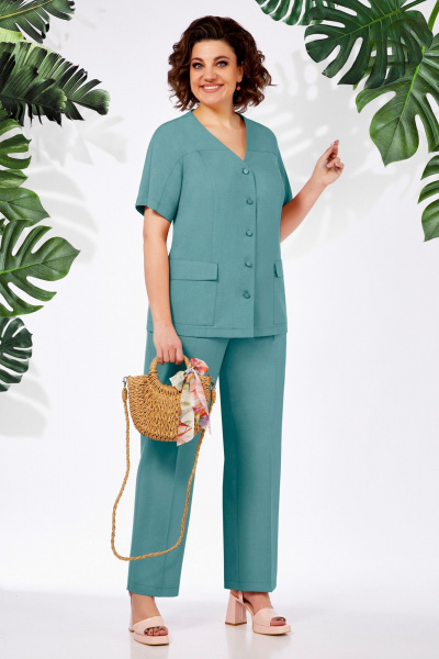 Леновый костюм 2-ка: зауженные брюки и жакет с рельефами БагираАнТа 940 бирюза - фото 1