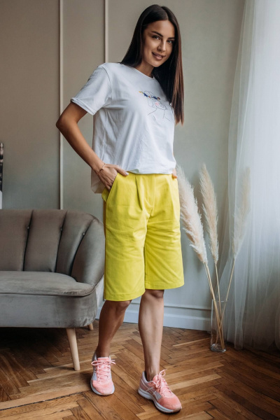 Летние свободные шорты с карманами и защипами из хлопковой ткани Madech 20161 лимонный - фото 2