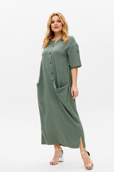 Летнее бохо-платье из искусственного льна с разрезами Michel chic 2094/4 темно-оливковый - фото 4