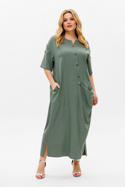 Летнее бохо-платье из искусственного льна с разрезами Michel chic 2094/4 темно-оливковый - фото 3