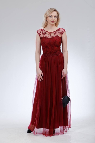 Платье с кружевным лифом, многослойная юбка и шнуровка на спинке Sharm-Art 1030 бордо - фото 1