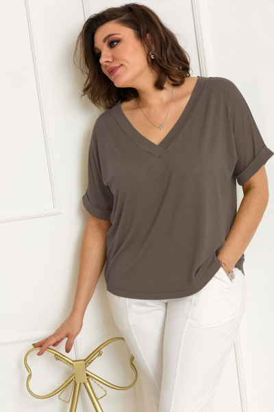 Блуза из трикотажа с коротким рукавом и V-образным вырезом BegiModa 4083 мокко - фото 4