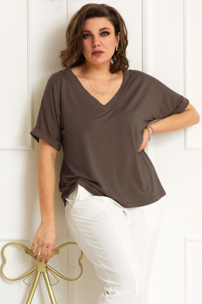 Блуза из трикотажа с коротким рукавом и V-образным вырезом BegiModa 4083 мокко - фото 1