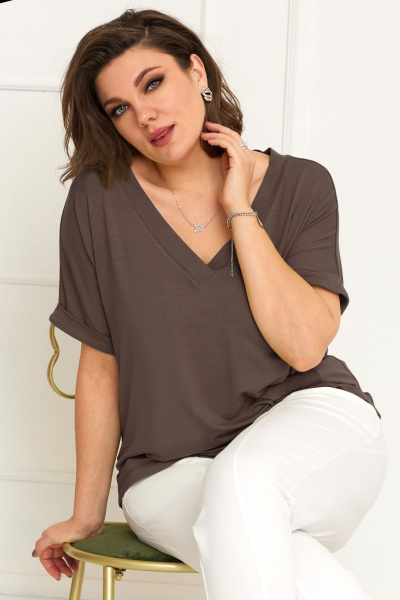 Блуза из трикотажа с коротким рукавом и V-образным вырезом BegiModa 4083 мокко - фото 2