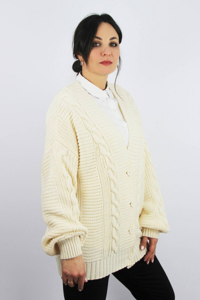 Жакет бежевый из вязаного трикотажа с поясом и длинным рукавом Полесье С2761-22 3С8779-Д43 170,176 экрю - фото 2