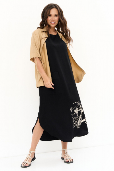 Легкий летний комплект из блузы и платья из вискозы Магия моды 2263 песочный_черный - фото 1